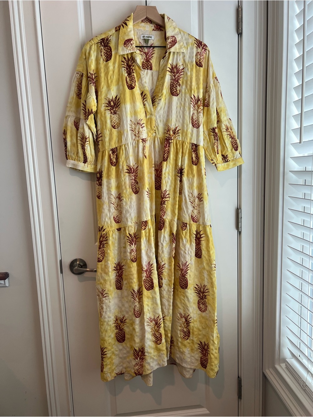Anthropologie Yellow Pineapple Print Tiered Midi Dress